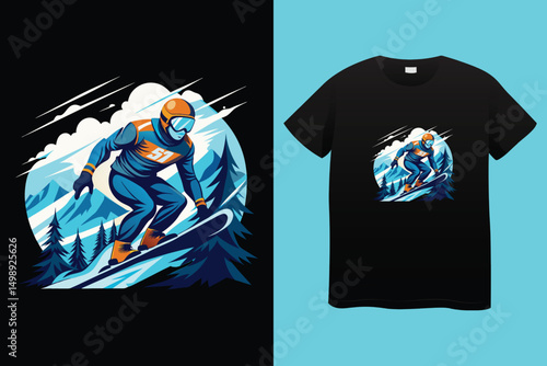 Freestyle Snowboarder Vector – Adventure in Snowy Mountains, Snowboarding Downhill – Bold Winter Action Sports Vector Art, Extreme Winter Sports Concept – Snowboarder in Motion.