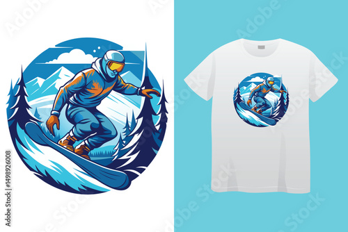 Freestyle Snowboarder Vector – Adventure in Snowy Mountains, Snowboarding Downhill – Bold Winter Action Sports Vector Art, Extreme Winter Sports Concept – Snowboarder in Motion.