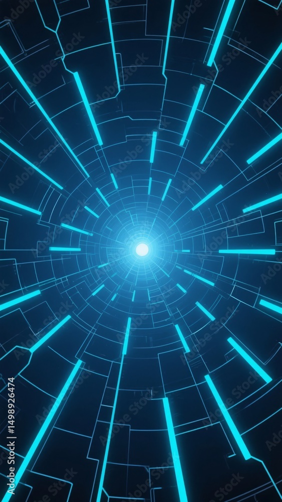 Fototapeta premium A futuristic tunnel with glowing blue lines converging towards a bright light at the center