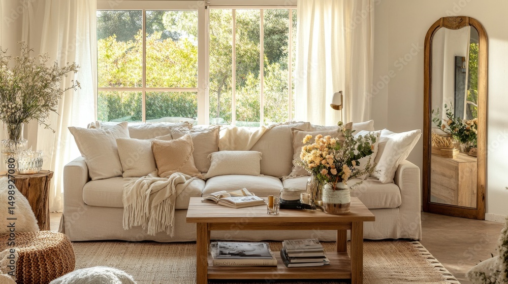 Obraz premium Cozy living room filled with natural light, featuring a plush neutral partal sofa, wooden coffee table with books and flowers, a large mirror, and decorative cushions for warmth