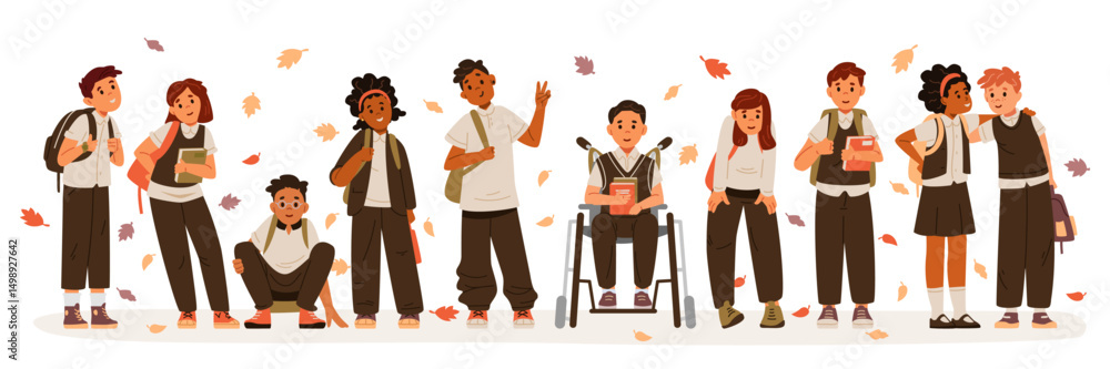 Group of diverse multiracial school children in uniform with schoolbags flat vector illustration isolated on white. Back to school banner. Group of diverse multiracial school children in uniform with schoolbags flat vector illustration isolated on white. Back to school banner.
