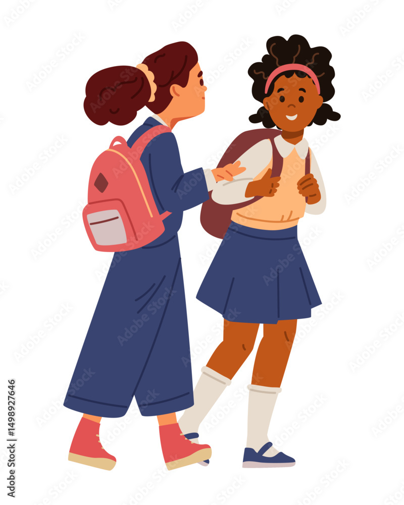 Two school girls in uniform with backpacks going to school and chatting flat vector illustration isolated on white. Two school girls in uniform with backpacks going to school and chatting flat vector illustration isolated on white.