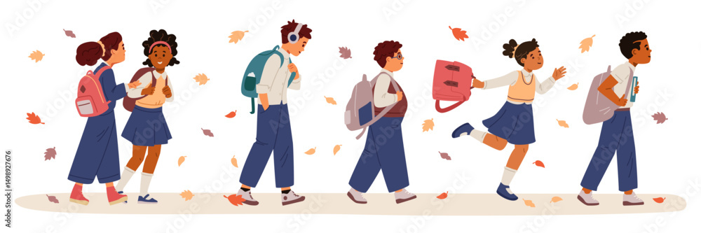 Diverse group of school children of different ethnicity in uniform going to school among fallen leaves flat vector illustration. Diverse group of school children of different ethnicity in uniform going to school among fallen leaves flat vector illustration.