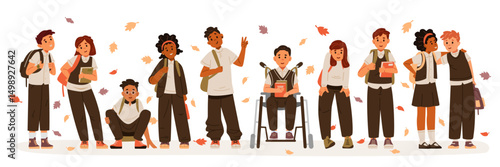 Group of diverse multiracial school children in uniform with schoolbags flat vector illustration isolated on white. Back to school banner.