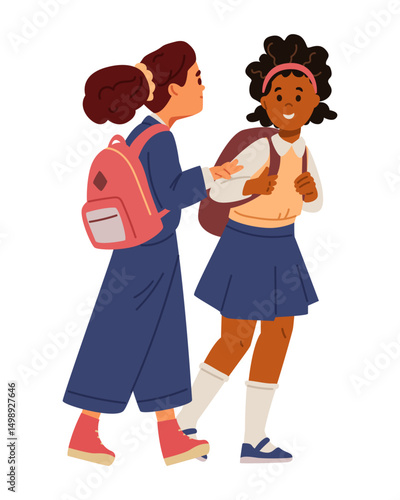 Two school girls in uniform with backpacks going to school and chatting flat vector illustration isolated on white.