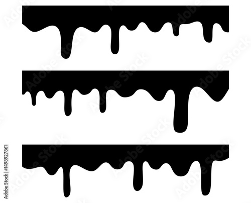 Black silhouette of melted and dripping chocolate, cream, paint. black melt on white background. wallpaper.