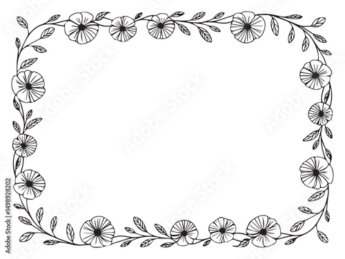 Hand-drawn floral border with morning glory flowers and leaves in black and white for decorative and artistic design use

