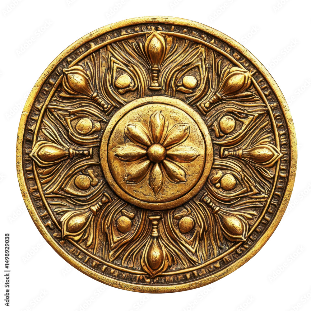 Naklejka premium Ornate Golden Mandala Design with Floral and Leaf Patterns