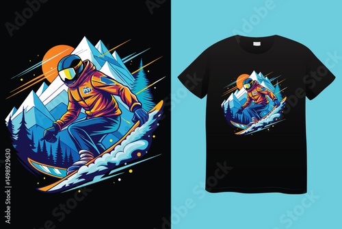 Freestyle Snowboarder Vector – Adventure in Snowy Mountains, Snowboarding Downhill – Bold Winter Action Sports Vector Art, Extreme Winter Sports Concept – Snowboarder in Motion.