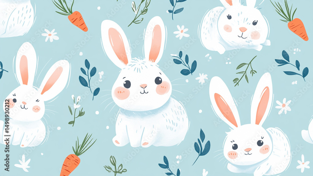 Adorable bunnies with carrots form a charming, repeating pattern, perfect for cute and playful designs. Adorable bunnies with carrots form a charming, repeating pattern, perfect for cute and playful designs.