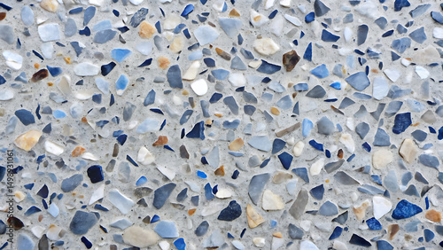 Detailed closeup of terrazzo surface with blue grey and white aggregate