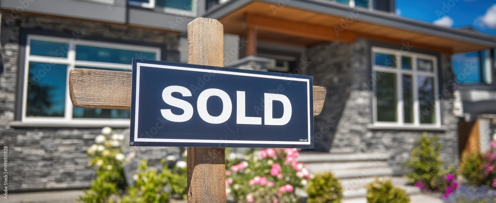 Obraz premium The 'Sold' Sign Marking Successful Home Sale in a Beautiful Neighborhood