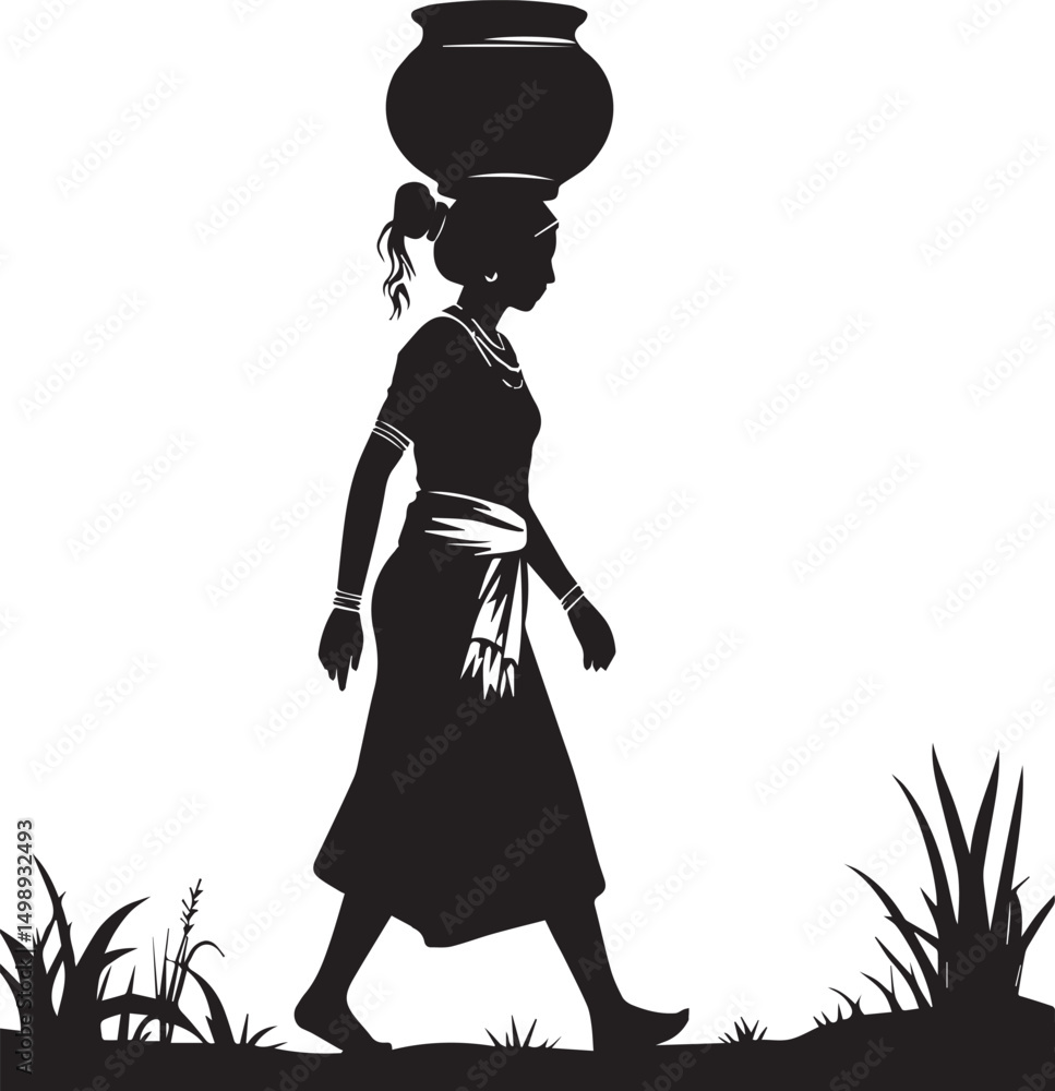 Fototapeta premium Traditional village woman carrying water pot on head. Black silhouette vector art. Minimal and EPS ready for cultural design.