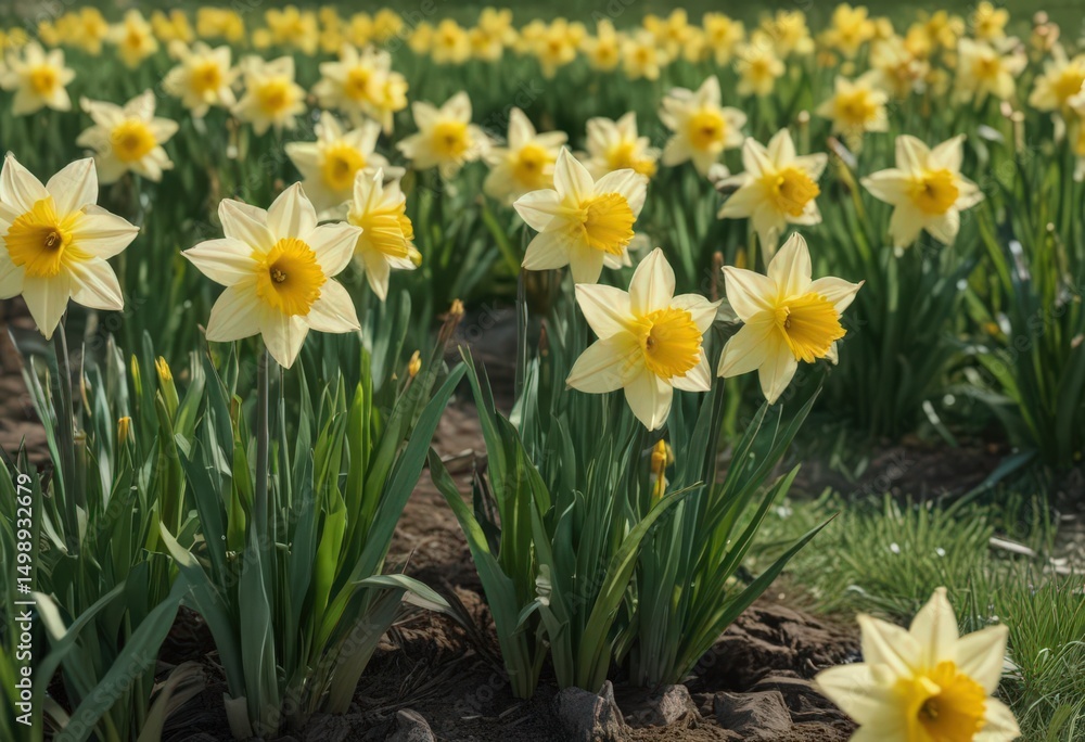 Close-up of a cluster of sunny daffodils in a verdant field , flowers, outdoor Close-up of a cluster of sunny daffodils in a verdant field , flowers, outdoor