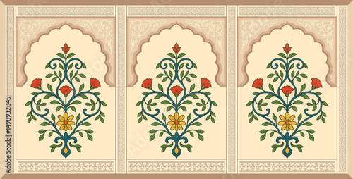 Traditional Mughal flower motif. India wall decor flower Painting. Mughal wall paintings, botanical floral ethnic motif