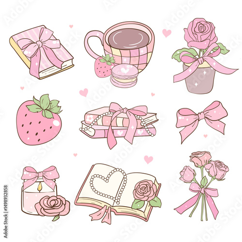 Cozy Reading Aesthetic, Pink Books and Coffee with Bow and Flowers, Cute Coquette Reader Decor, Feminine Strawberry Book Art, Macaron Mug