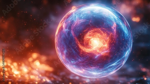 Glowing energy sphere, fire background, digital art, VFX