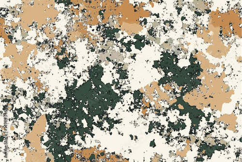 A camouflage pattern composed of white, brown, and green colors with an olive drab background. Camouflage wallpaper for textile and fabric. Fashion camo style. Vector