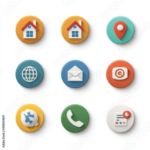 Nine neumorphic contact icons set isolated on white background