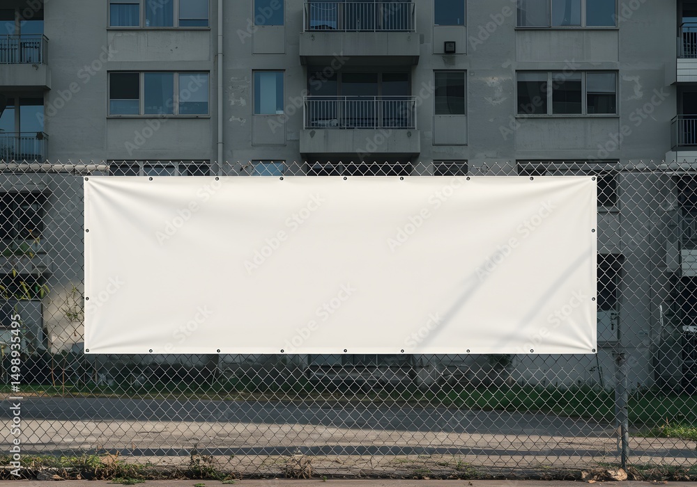 Obraz premium White Mockup Banner Attached to Fence with Office Background