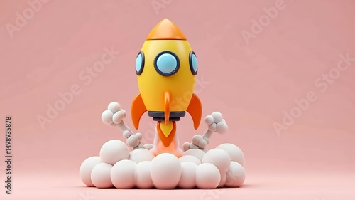 Rocket Launching Animation Against Pink Background 3D Render