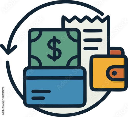 Flat Vector Illustration of Refund Finance Concept with Wallet, Cash, and Receipt Icons – Money Return and Payment Reversal Design
