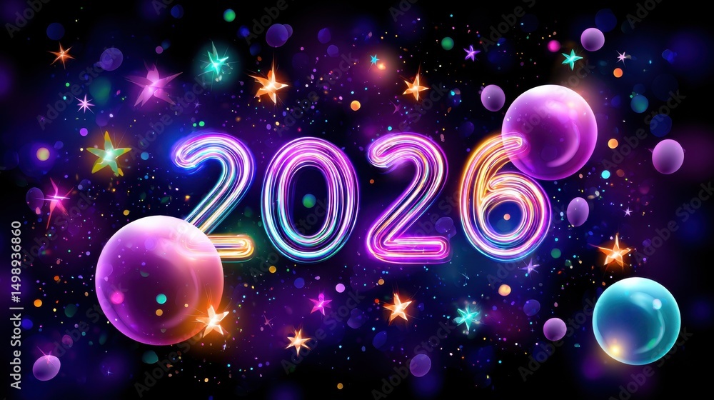 Obraz premium Colorful neon 2026 new year celebration with stars and bubbles