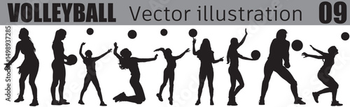 Abstract silhouette of a volleyball player on white background. Volleyball player woman hits the ball. Vector illustration