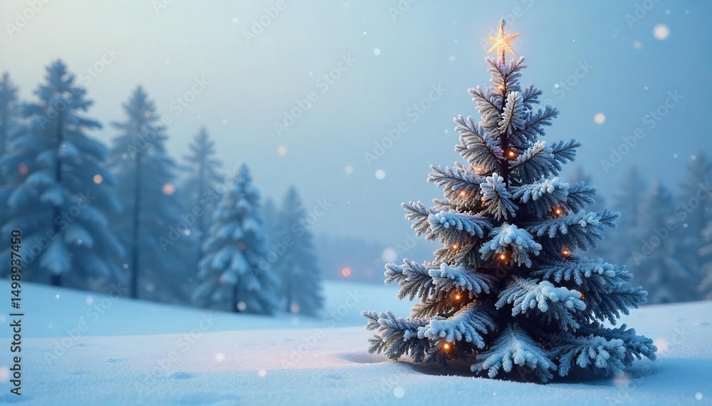 Fototapeta premium A frosted Christmas tree stands alone in a snowy landscape, its branches laden with sparkling ice crystals The cold winter air adds to the serene, magical atmosphere , december, frozen
