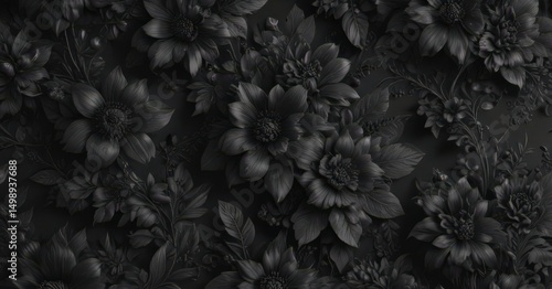 Intricate black charcoal floral wallpaper  Luxurious botanical design, rich black tones , dark background, luxury wallpaper