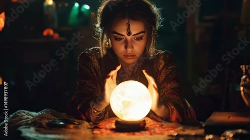 woman fortune teller sits in a dark room with a crystal ball on the table 