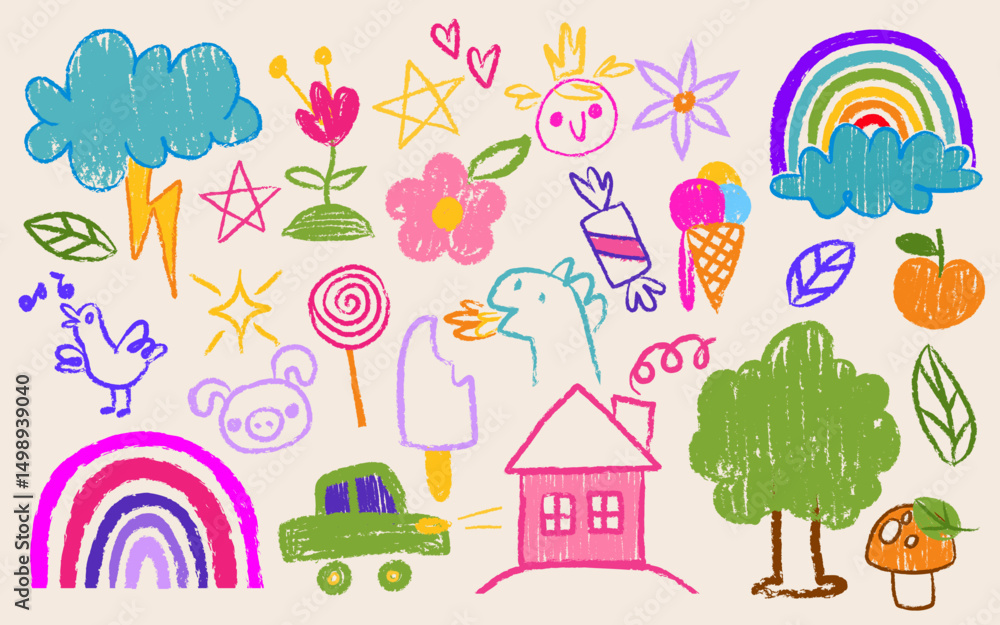 Crayon kid drawings set - colorful childlike doodles of cloud and rainbow, flower and animal, house and car, ice cream and candy, tree and mushroom. Cheerful hand drawn captures for children design. Crayon kid drawings set - colorful childlike doodles of cloud and rainbow, flower and animal, house and car, ice cream and candy, tree and mushroom. Cheerful hand drawn captures for children design.