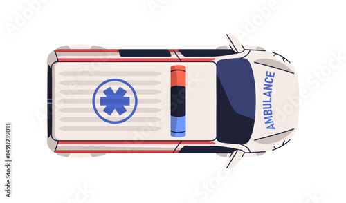 Ambulance, emergency vehicle, top down view. Medical van with star of life symbol on the roof, light siren. Paramedic transport from above. Flat vector illustration isolated on white background