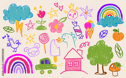 Crayon kid drawings set - colorful childlike doodles of cloud and rainbow, flower and animal, house and car, ice cream and candy, tree and mushroom. Cheerful hand drawn captures for children design.