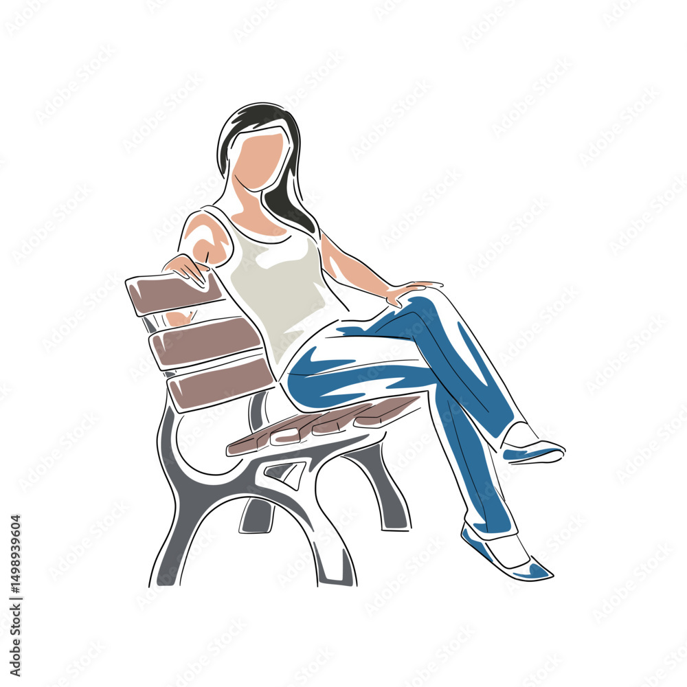 Woman sitting on wooden bench, isolated vector flat design illustration. Woman in the park resting and thinking