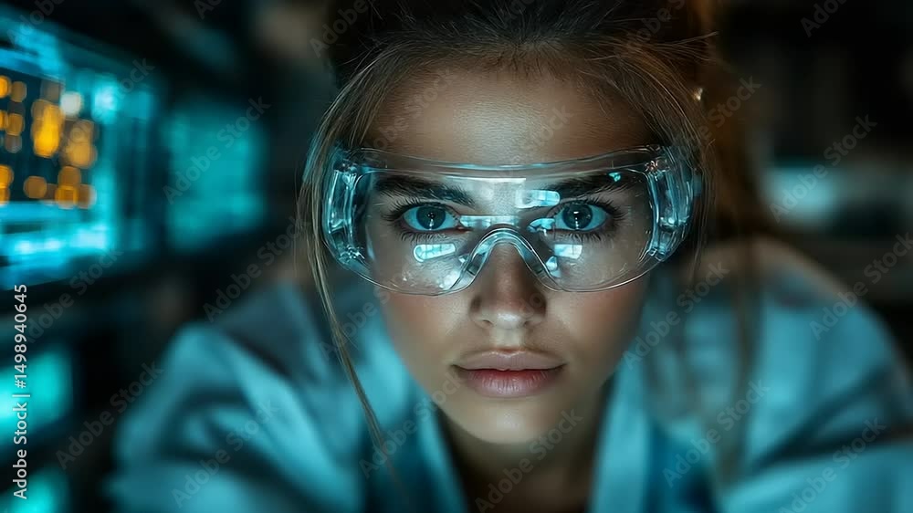 Portrait of a female scientist in a futuristic lab wearing glasses performing research Portrait of a female scientist in a futuristic lab wearing glasses performing research