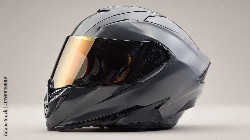 Fototapeta premium A black motorcycle helmet is presented with a reflective visor and aerodynamic shape, designed for safety and style. Perfect for enhancing the riding experience
