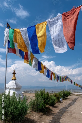 Colorful tibetan prayer flags fluttering near white stupa and clear blue sky