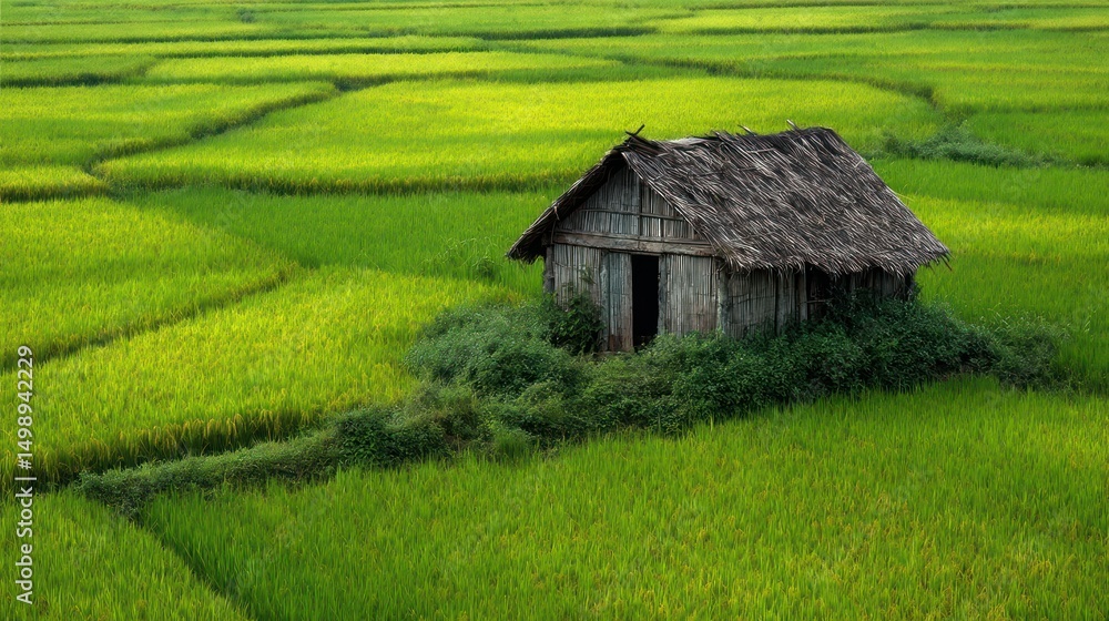 Rustic house in green rice paddies Rustic house in green rice paddies
