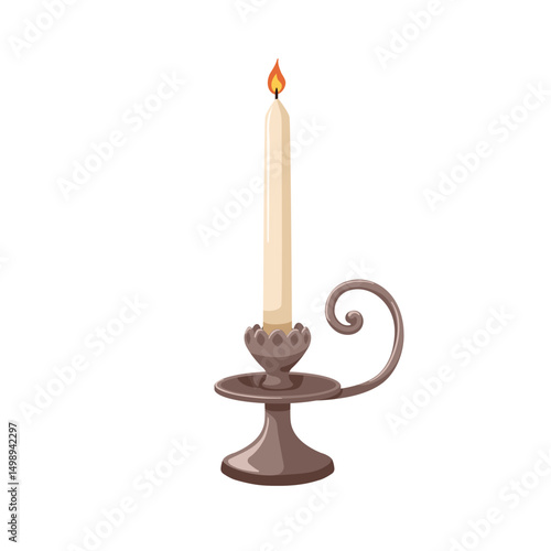 Vintage metal candlestick with pillar taper candle. Classic iron holder, elegant medieval old candleholder in retro style. Candlelight decor. Flat vector illustration isolated on white background
