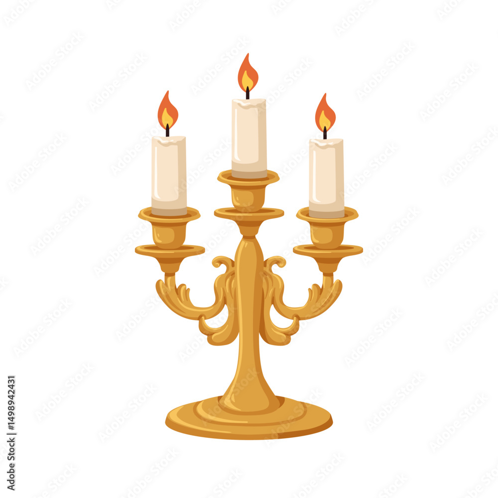 Fototapeta premium Vintage retro candelabrum, candles in three branches. Ornate old medieval candleholder. Golden metal base, antique holder for light. Flat cartoon vector illustration isolated on white background