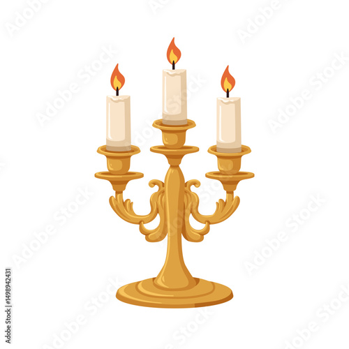 Vintage retro candelabrum, candles in three branches. Ornate old medieval candleholder. Golden metal base, antique holder for light. Flat cartoon vector illustration isolated on white background