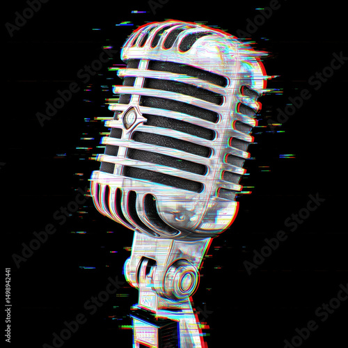 Vintage Microphone with Glitch Effect , isolated on white background png