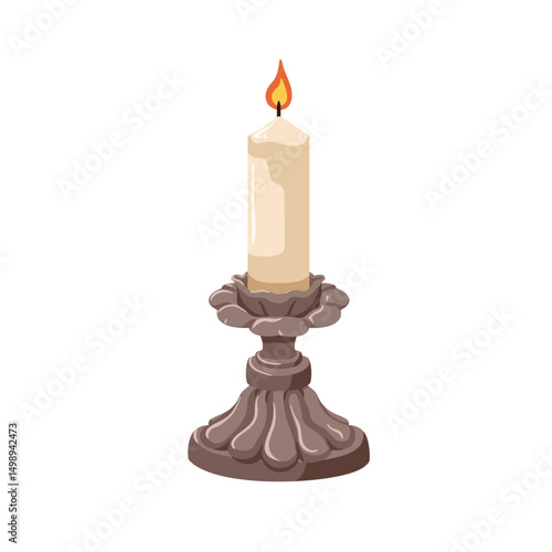 Candle holder in old vintage retro style. Ornate metal candleholder. Thick pillar light in iron candlestick, classic medieval design. Flat cartoon vector illustration isolated on white background