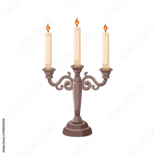 Candles in vintage holder. Elegant three-branched candlestick, candleholder. Old aged metal chamberstick. Classic decorative candelabrum. Flat vector illustration isolated on white background