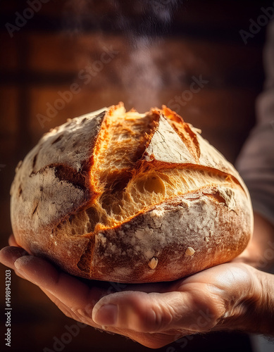 Generated Image of A rustic loaf of sourdough bread being torn apart by hand, with steam rising and visible air pockets in the crumb