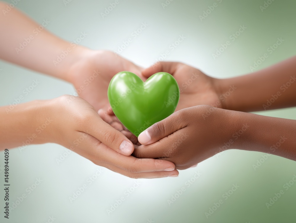 Fototapeta premium Human hands holding luminous green heart with Earth symbol caring for global nature together, 3D, Copy Space, Isolated.