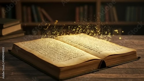 Open ancient book with glowing particles above it, set in a cozy library filled with books