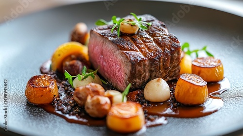 Indulge in a Tender Filet Mignon Masterfully Prepared with Roasted Root Vegetables and a Rich Jus shot with natural