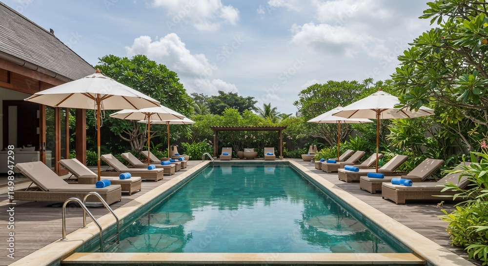 Serene pool oasis surrounded by lush greenery Serene pool oasis surrounded by lush greenery
